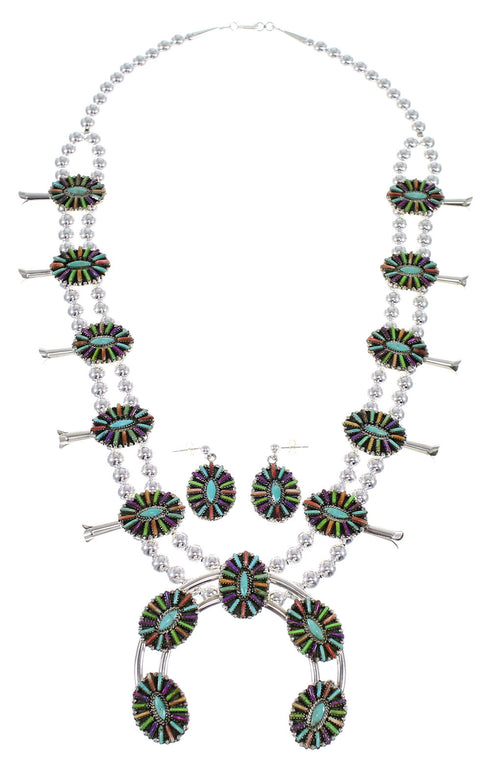 Southwest Multicolor Needlepoint Silver Squash Blossom Necklace Set WX71808